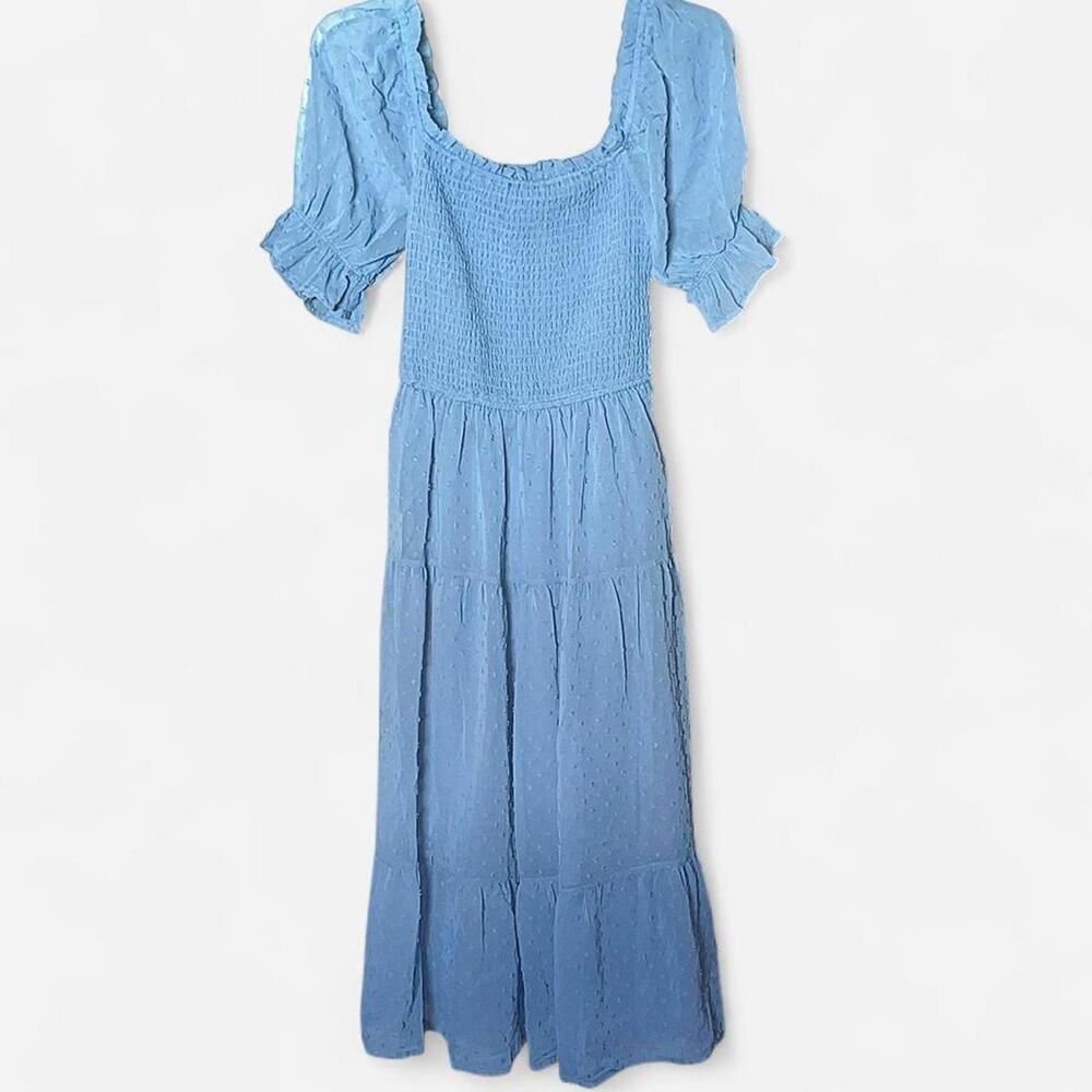 NWT Light Blue Milkmaid Cottage Smocked Puff Sleeve Tiered Midi Dress – Size S